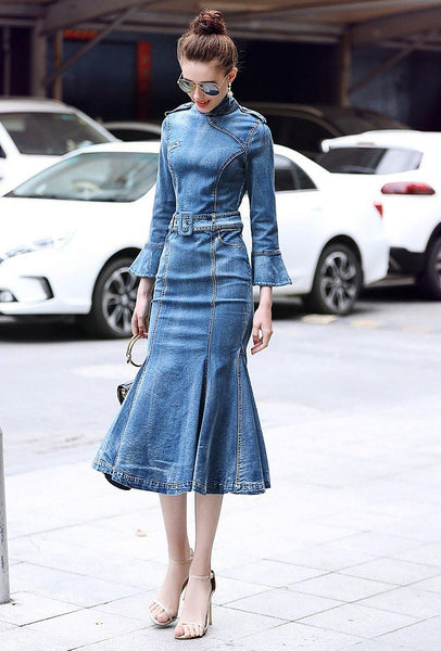 Women's Blue denim Dress,Slim fitted ...